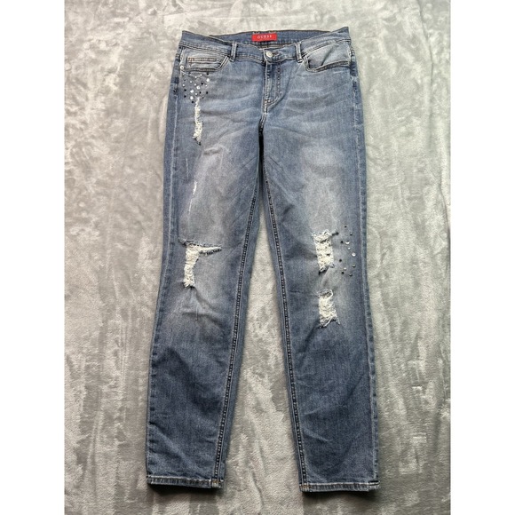 Guess Womens Sz 30 Blue Jean Straight Distressed Stretch Whiskered Boho Mid Rise - Picture 1 of 16